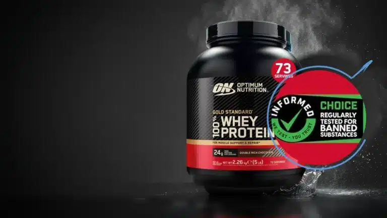 Bote de Gold Standard 100% Whey con el sello de certificación Informed Choice