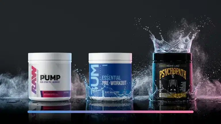 Tres preentrenos alineados: RAW Pump, Mutant Essential Pre-Workout y Psychopath de Insane Labz
