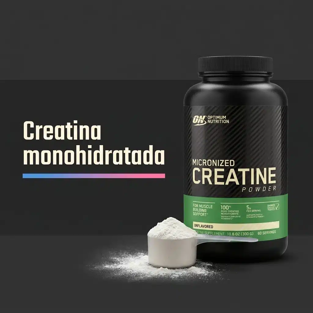 Bote de creatina monohidratada micronizada de Optimum Nutrition con cuchara medidora