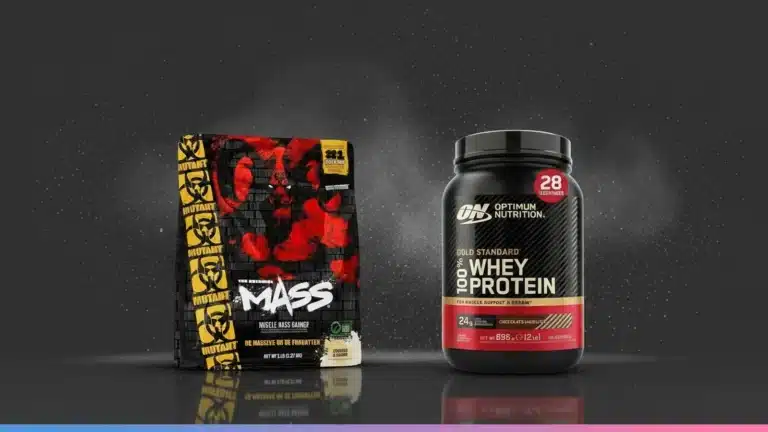 Bote de Mutant Mass junto a un bote de Gold Standard 100% Whey de Optimum Nutrition